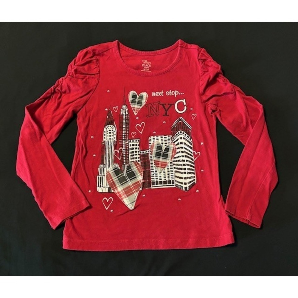 Childrens Place long sleeved red tee, girls size 7/8, NYC themed